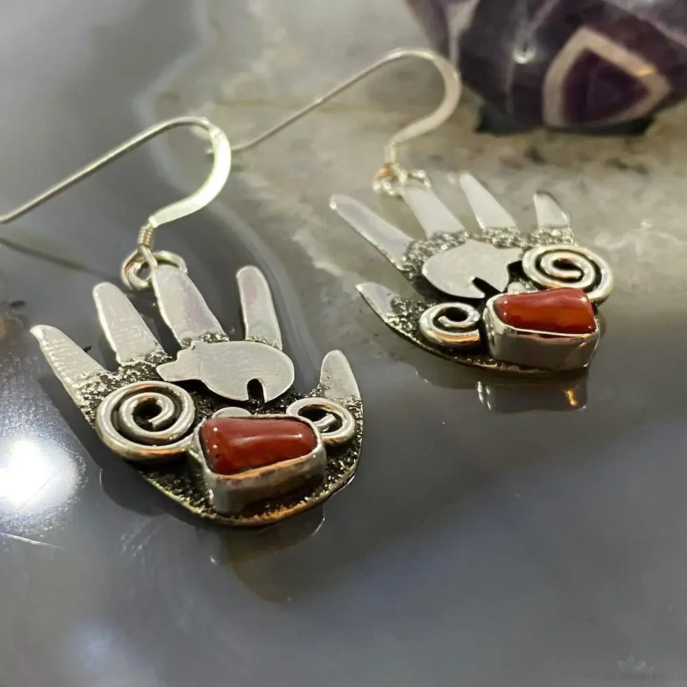 Alex Sanchez Sterling Silver Ancestors Hand Petroglyph W/Coral Dangle Earrings 2 - Picture 3 of 10